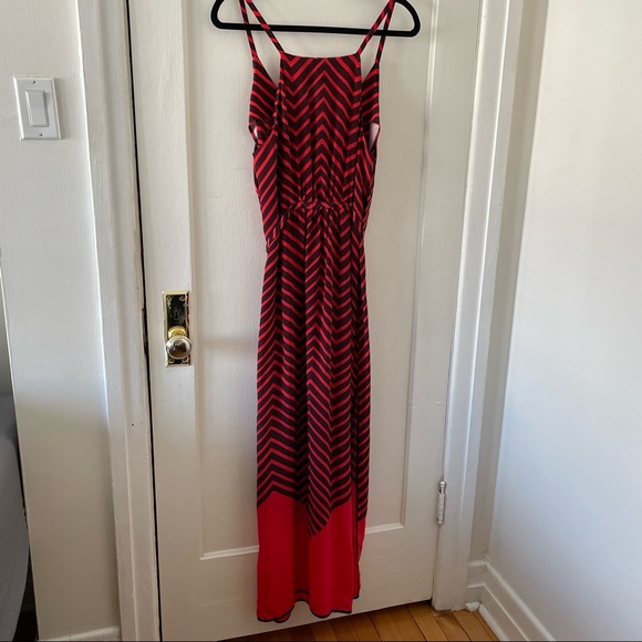 French Connection red & navy chevron print 100% silk maxi dress size 10 - Picture 9 of 13